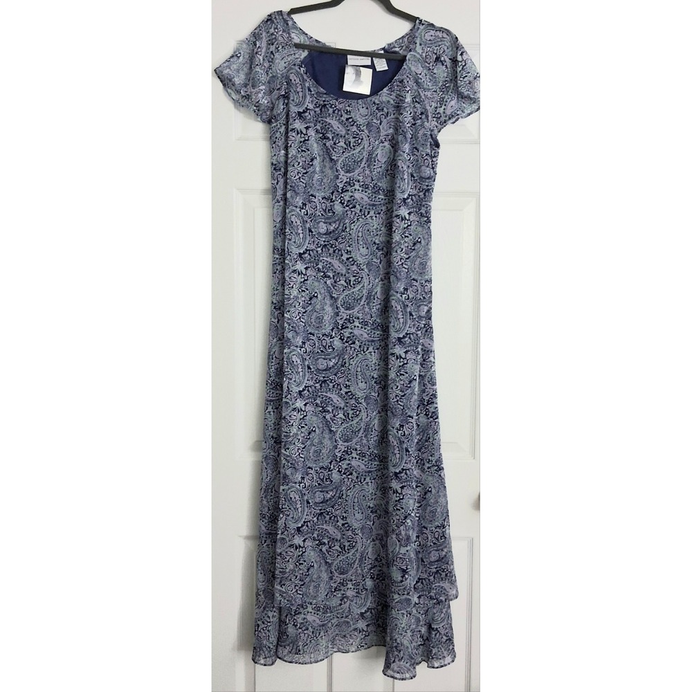 Jaclyn Smith Dress 12 Blue & Purple Paisley Flutter Sleeve Maxi Cottagecore Y2K